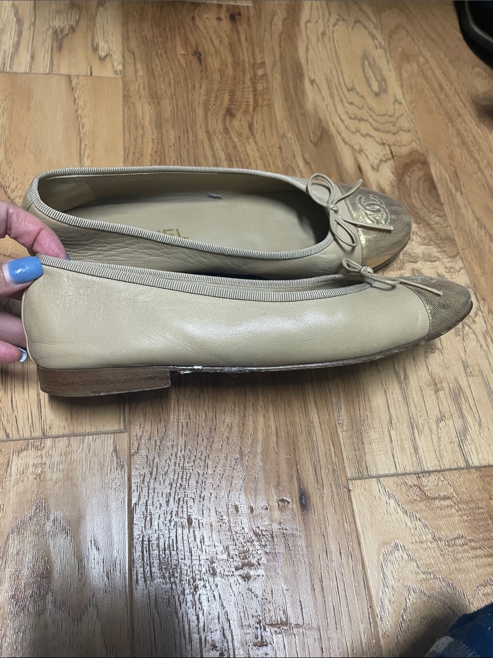 CHANEL Taupe Leather Ballet Flats with Gold Cap Toe - Picture 2 of 6